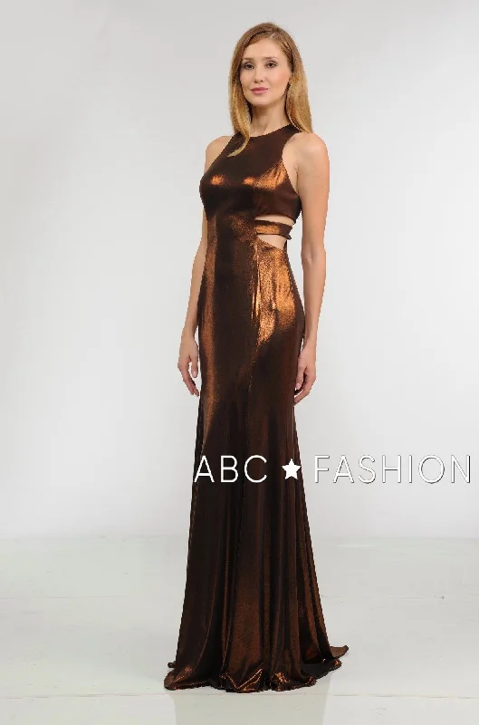 cocktail dresses with open shoulder designs for summer --Long Metallic Foil Dress with Side Cutouts by Poly USA 8270 cocktail dresses with open shoulder designs for summer --Long Metallic Foil Dress with Side Cutouts by Poly USA 8270