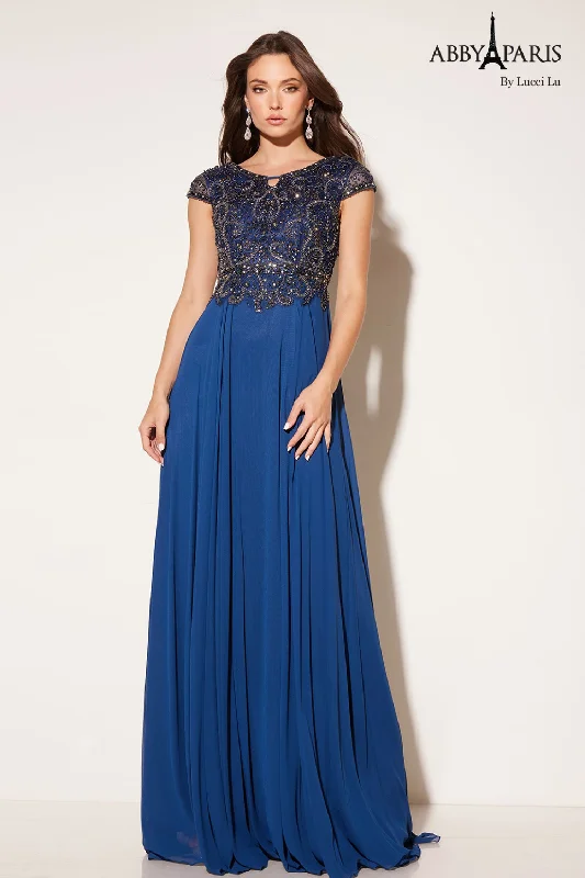 cocktail dresses with mesh sleeves for subtle coverage --Chiffon Short Sleeve A-line Gown by Abby Paris 95091 cocktail dresses with mesh sleeves for subtle coverage --Chiffon Short Sleeve A-line Gown by Abby Paris 95091