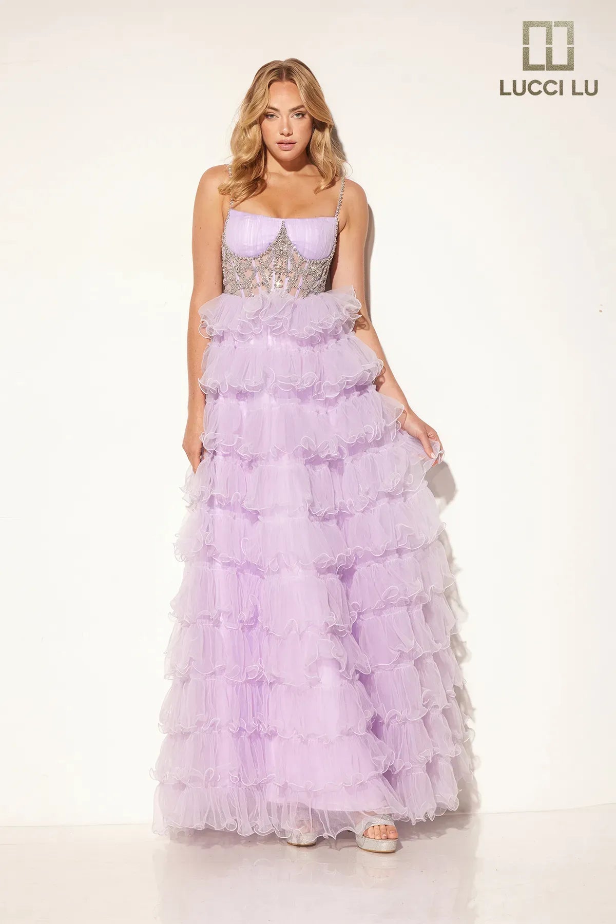 cocktail dresses with mesh inserts for edgy style --Tulle Sleeveless Ruffled Gown by Lucci Lu 1397