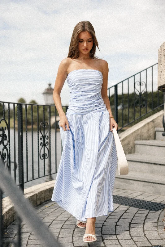 Spring dresses for outdoor events and picnics -Avalee Strapless Maxi Dress - Blue Stripe Spring dresses for outdoor events and picnics -Avalee Strapless Maxi Dress - Blue Stripe