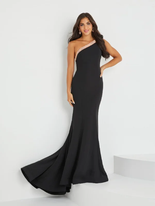 cocktail dresses with two-tone designs for modern look --Fitted Crepe One Shoulder Gown by Tiffany Designs 16029 cocktail dresses with two-tone designs for modern look --Fitted Crepe One Shoulder Gown by Tiffany Designs 16029
