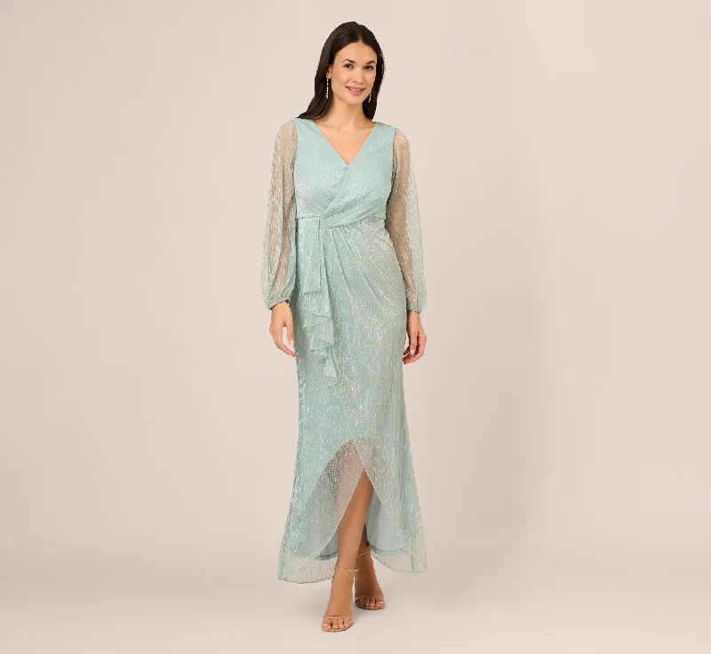 formal dresses with chiffon overlays for soft flow --Crinkle Metallic Gown With Sheer Bishop Sleeves And Draped Details In Mint Smoke