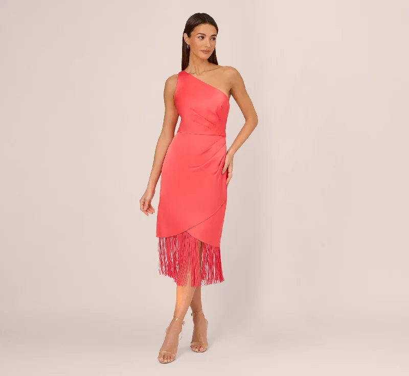 Trendy wedding guest dresses for weddings in tropical climates -Stretch Satin One Shoulder Midi Dress With Fringe Skirt In Spicy Coral Trendy wedding guest dresses for weddings in tropical climates -Stretch Satin One Shoulder Midi Dress With Fringe Skirt In Spicy Coral
