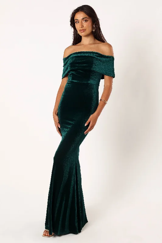 formal dresses for cocktail receptions with fitted bodices --Adair Off Shoulder Maxi Dress - Emerald Green