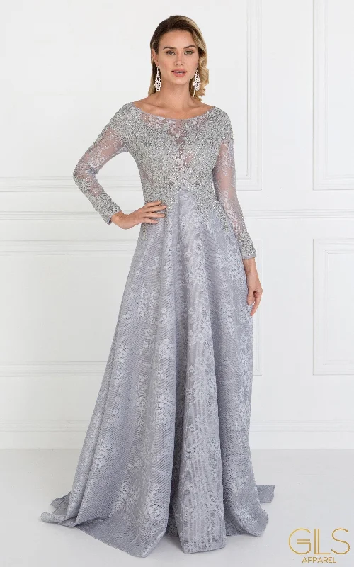 Wedding guest dresses for formal evening celebrations -Long Silver Lace Dress with Lace Sleeves by Elizabeth K GL1537 Wedding guest dresses for formal evening celebrations -Long Silver Lace Dress with Lace Sleeves by Elizabeth K GL1537