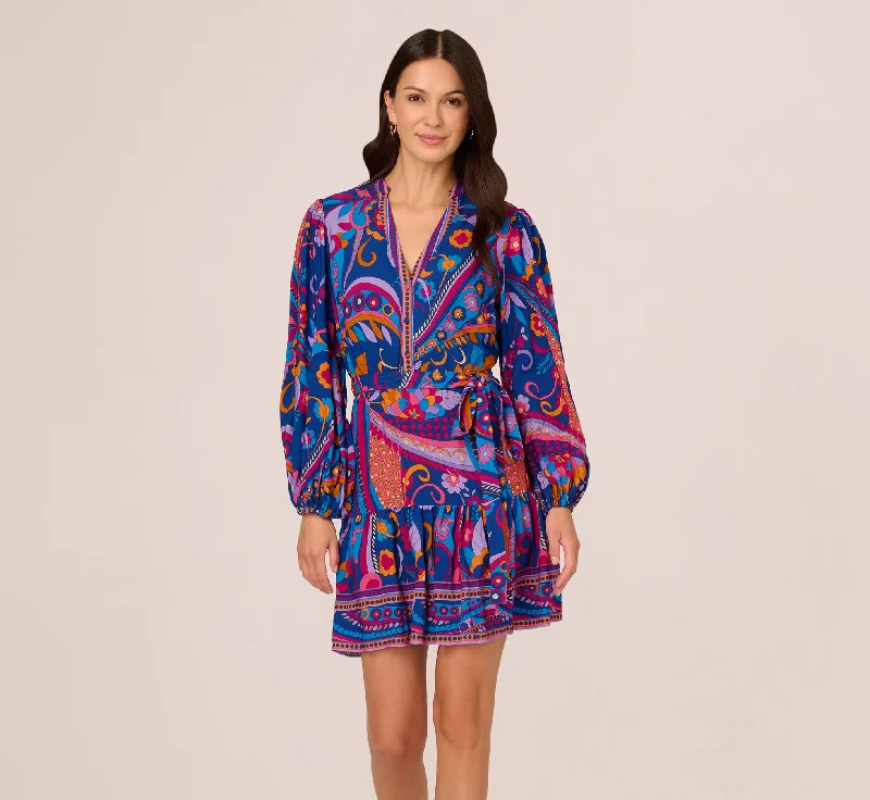 Spring dresses with a tiered skirt for added volume -Long Sleeve Retro Printed A Line Dress In Blue Multi Spring dresses with a tiered skirt for added volume -Long Sleeve Retro Printed A Line Dress In Blue Multi