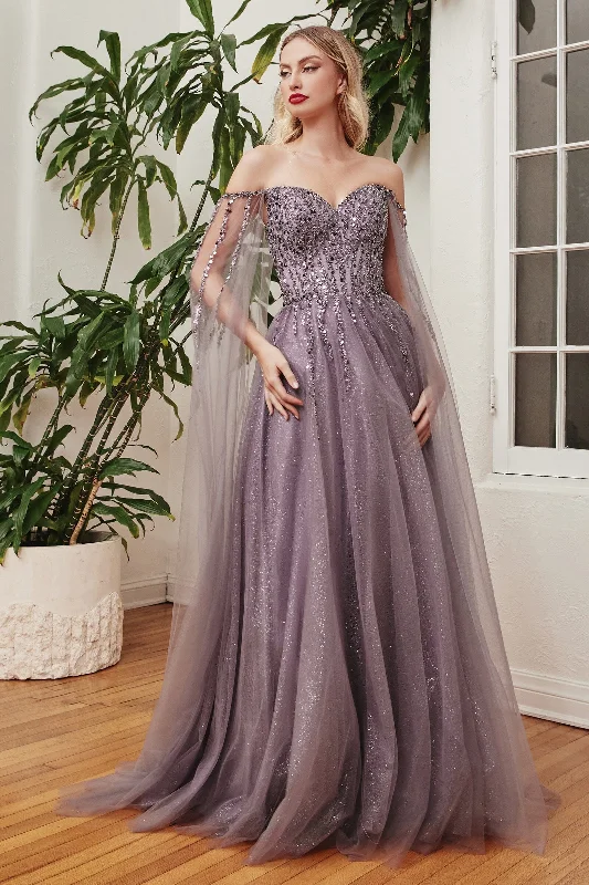 Wedding guest dresses for formal evening celebrations -Beaded Cape Sleeve Gown by Ladivine CD0204 Wedding guest dresses for formal evening celebrations -Beaded Cape Sleeve Gown by Ladivine CD0204