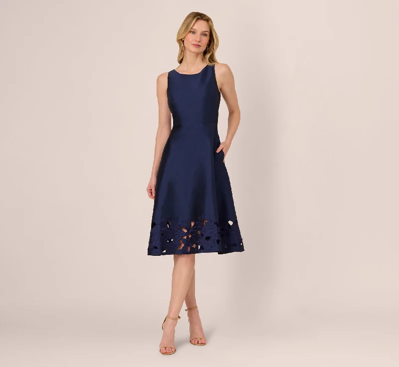 Wedding guest dresses for a romantic, vintage-inspired vibe -Sleeveless Taffeta Floral Cutwork Midi Dress In Light Navy Wedding guest dresses for a romantic, vintage-inspired vibe -Sleeveless Taffeta Floral Cutwork Midi Dress In Light Navy