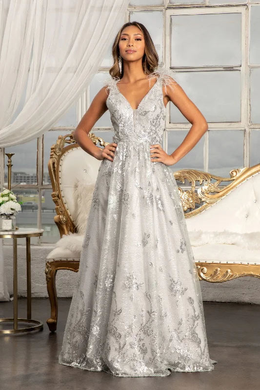 Affordable dresses for wedding guests without sacrificing style -Feather Glitter Print Gown by Elizabeth K GL3048 Affordable dresses for wedding guests without sacrificing style -Feather Glitter Print Gown by Elizabeth K GL3048