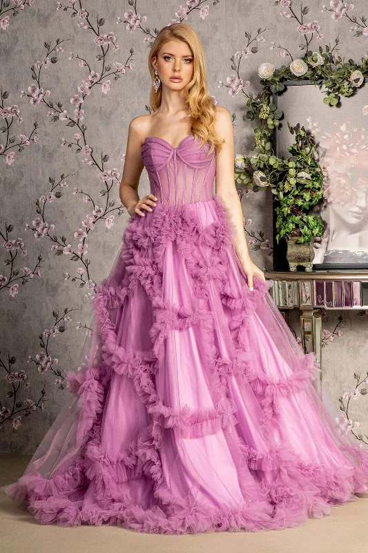 formal dresses for bridesmaids in matching pastel colors --Strapless Sheer Corset Ruffled Gown by GLS Gloria GL3455
