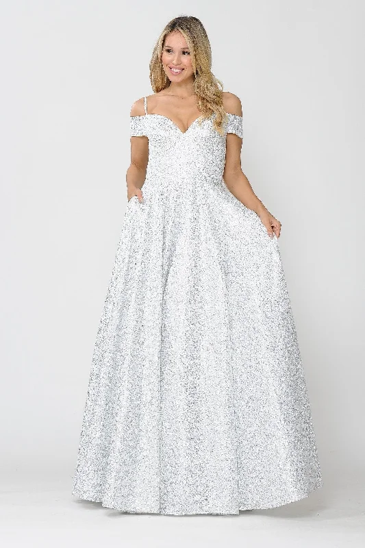 cocktail dresses with tiered skirts for playful movement --Long Glitter Lace Cold Shoulder Dress by Poly USA 8380 cocktail dresses with tiered skirts for playful movement --Long Glitter Lace Cold Shoulder Dress by Poly USA 8380