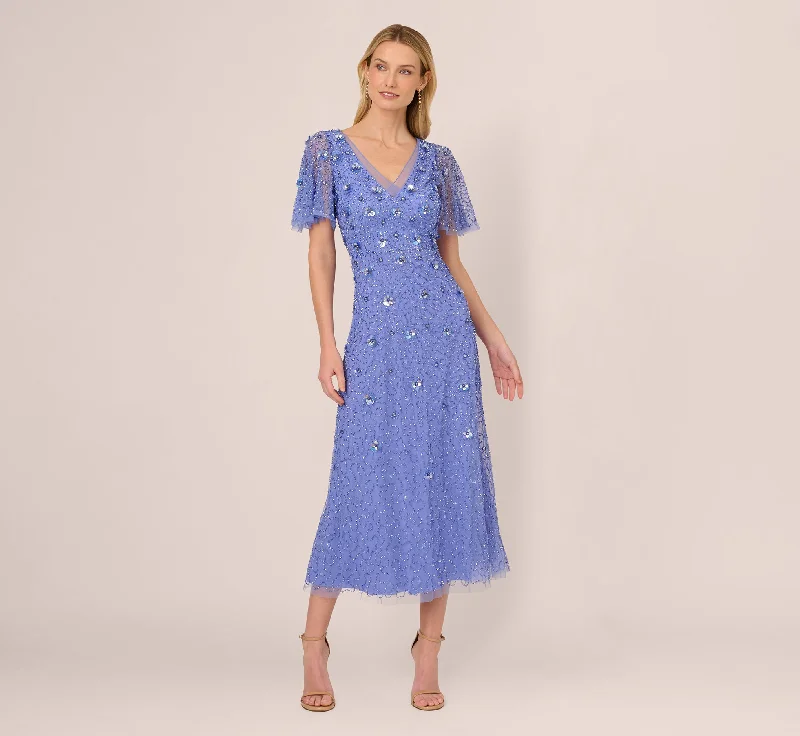 Best dresses for wedding guests attending a garden wedding -Beaded Mesh Flutter Sleeve Midi Dress In Peri Blue Best dresses for wedding guests attending a garden wedding -Beaded Mesh Flutter Sleeve Midi Dress In Peri Blue