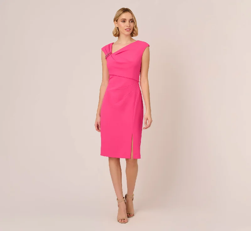 Spring dresses with puff sleeves for a trendy style -Knit Crepe Sleeveless Midi Dress With Asymmetrical Neckline In Electric Pink Spring dresses with puff sleeves for a trendy style -Knit Crepe Sleeveless Midi Dress With Asymmetrical Neckline In Electric Pink