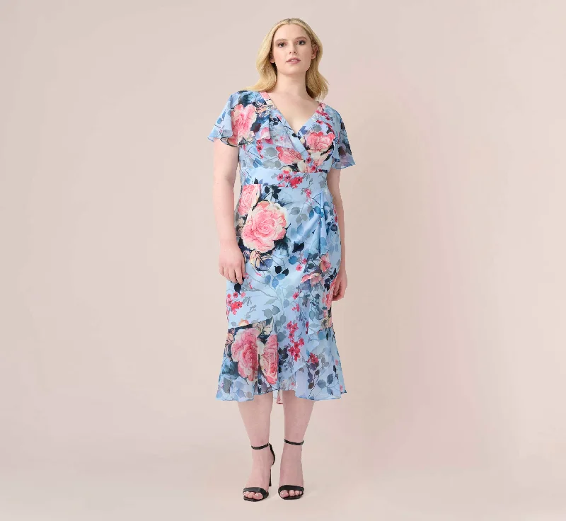 Affordable spring dresses for every occasion -Plus Size Floral Faux Wrap Dress In Blue Multi Affordable spring dresses for every occasion -Plus Size Floral Faux Wrap Dress In Blue Multi