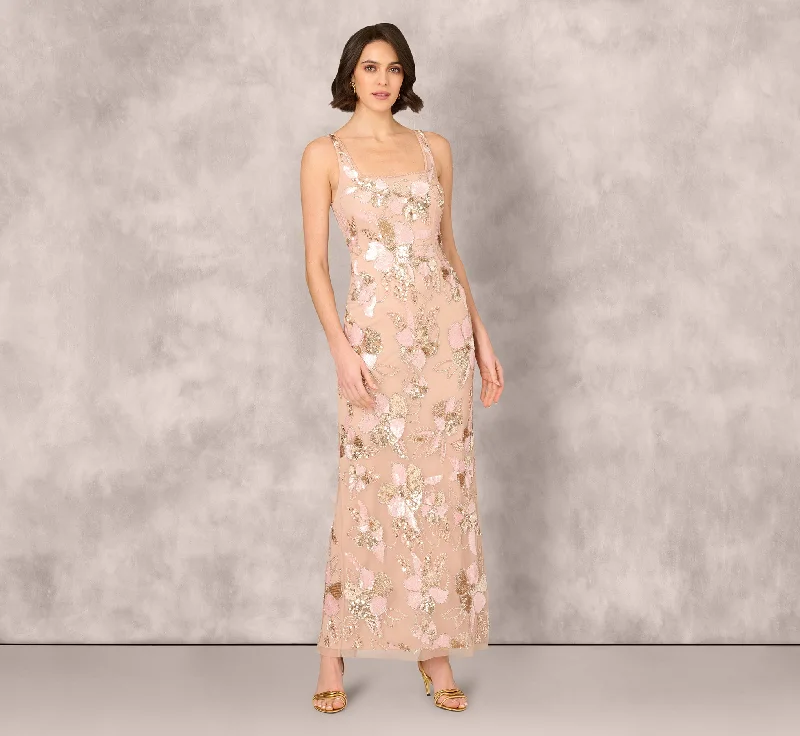 formal dresses for beach weddings with lightweight fabrics --Sleeveless Square Neck Floral Beaded Column Gown In Pink