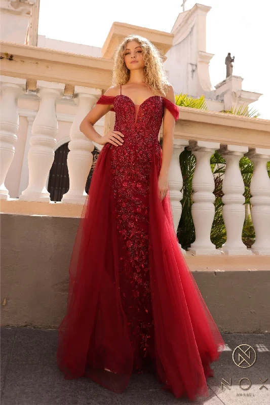 Trendy wrap dresses for wedding guests in warmer weather -Applique Cold Shoulder Overskirt Gown by Nox Anabel L1362 Trendy wrap dresses for wedding guests in warmer weather -Applique Cold Shoulder Overskirt Gown by Nox Anabel L1362