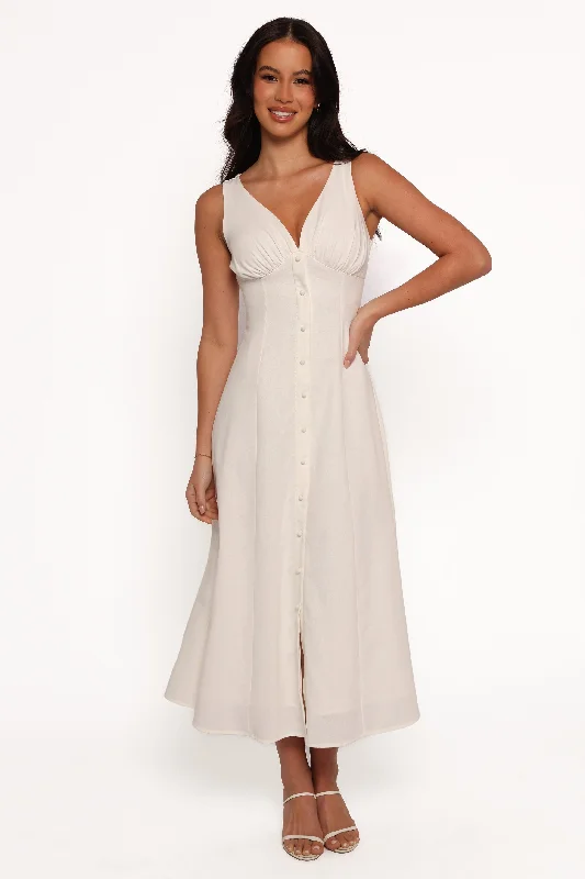 cocktail dresses with layered skirts for dramatic effect --Barbara Midi Button Down Dress - White cocktail dresses with layered skirts for dramatic effect --Barbara Midi Button Down Dress - White