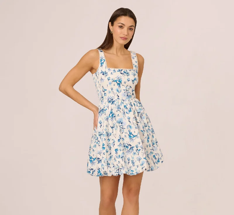 Comfortable spring dresses for everyday wear -Sleeveless Floral Short Balloon Skirt Dress In Ivory Blue Multi Comfortable spring dresses for everyday wear -Sleeveless Floral Short Balloon Skirt Dress In Ivory Blue Multi