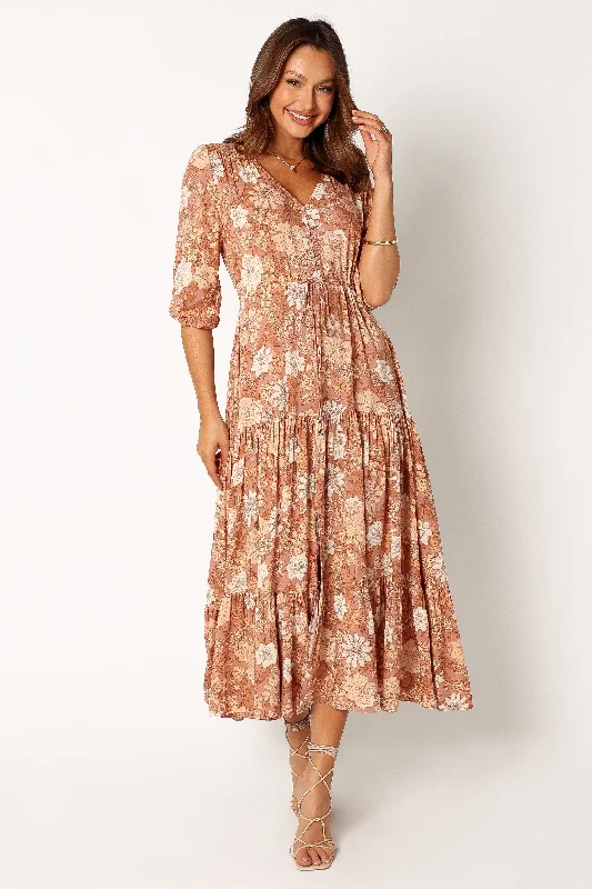 Spring dresses for evening events with a chic touch -Kelda Dress - Tan Floral