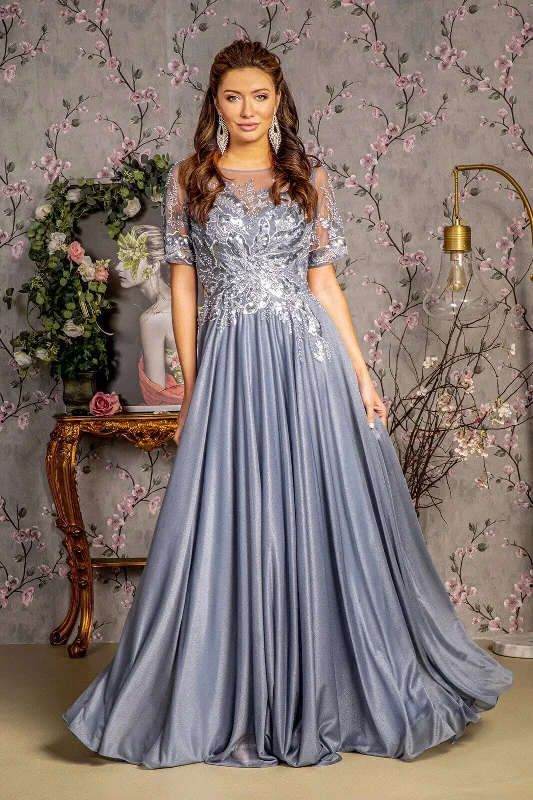 Affordable and stylish wedding guest dresses for fall -Metallic Applique Short Sleeve A-line Gown by GLS Gloria GL3444 Affordable and stylish wedding guest dresses for fall -Metallic Applique Short Sleeve A-line Gown by GLS Gloria GL3444