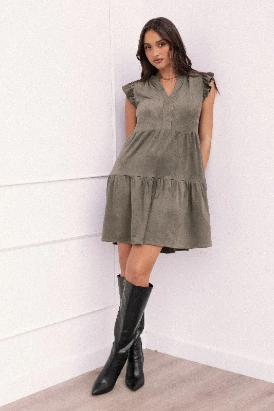 Spring dresses with a bow tie for added charm -Alyx Mini Dress - Olive