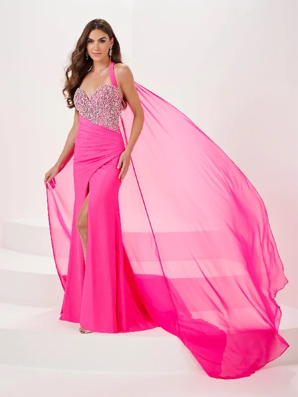 cocktail dresses with satin sashes for waist accentuation --Beaded Spandex Halter Cape Slit Gown by Panoply 14175 cocktail dresses with satin sashes for waist accentuation --Beaded Spandex Halter Cape Slit Gown by Panoply 14175