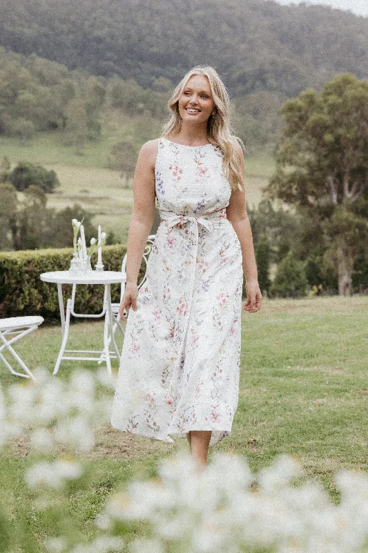 Sophisticated cocktail dresses for holiday parties -Levin Midi Dress - White Floral Sophisticated cocktail dresses for holiday parties -Levin Midi Dress - White Floral