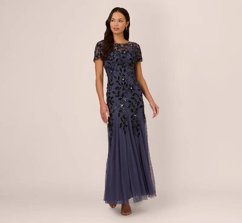 formal dresses for business galas with sleek designs --Hand Beaded Short Sleeve Floral Godet Gown In Smoky Peri formal dresses for business galas with sleek designs --Hand Beaded Short Sleeve Floral Godet Gown In Smoky Peri
