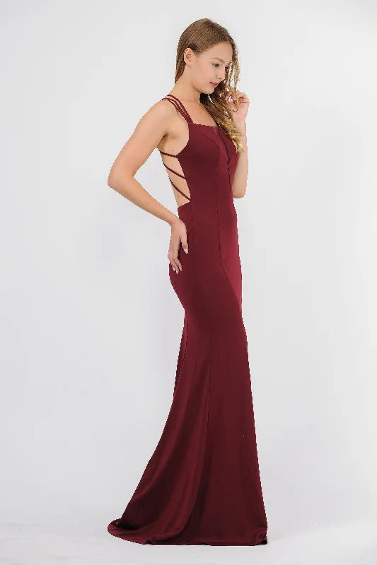 cocktail dresses with mesh necklines for modern appeal --Long Strappy Open Back Dress with Illusion Panel by Poly USA 8468