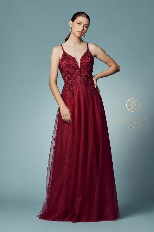 Wedding guest dresses that flatter every body shape -Long Tulle Embroidered Bodice Dress by Nox Anabel R357