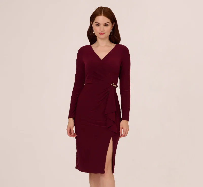 Affordable spring dresses for casual everyday wear -Long Sleeve Draped Jersey Dress With Chain Trim In Blackened Red Affordable spring dresses for casual everyday wear -Long Sleeve Draped Jersey Dress With Chain Trim In Blackened Red