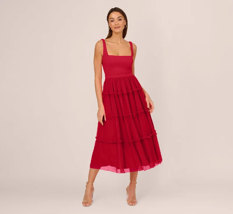 Best wedding guest dresses for spring weddings with a romantic feel -Sleeveless Midi Dress With Square Neck And Tiered Skirt In Matador Red Best wedding guest dresses for spring weddings with a romantic feel -Sleeveless Midi Dress With Square Neck And Tiered Skirt In Matador Red