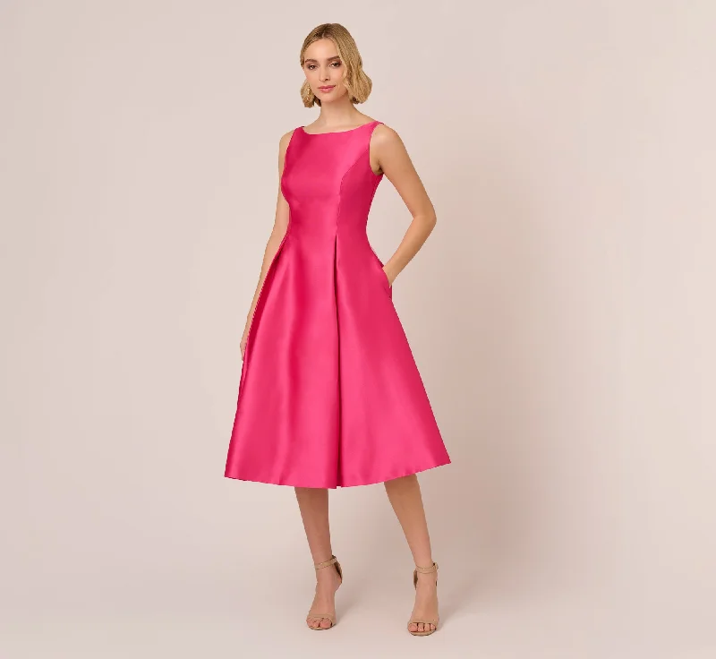 Wedding guest dresses with ruffles for a soft, feminine look -Sleeveless Mikado Fit And Flare Midi Dress With V-Back In Electric Pink Wedding guest dresses with ruffles for a soft, feminine look -Sleeveless Mikado Fit And Flare Midi Dress With V-Back In Electric Pink