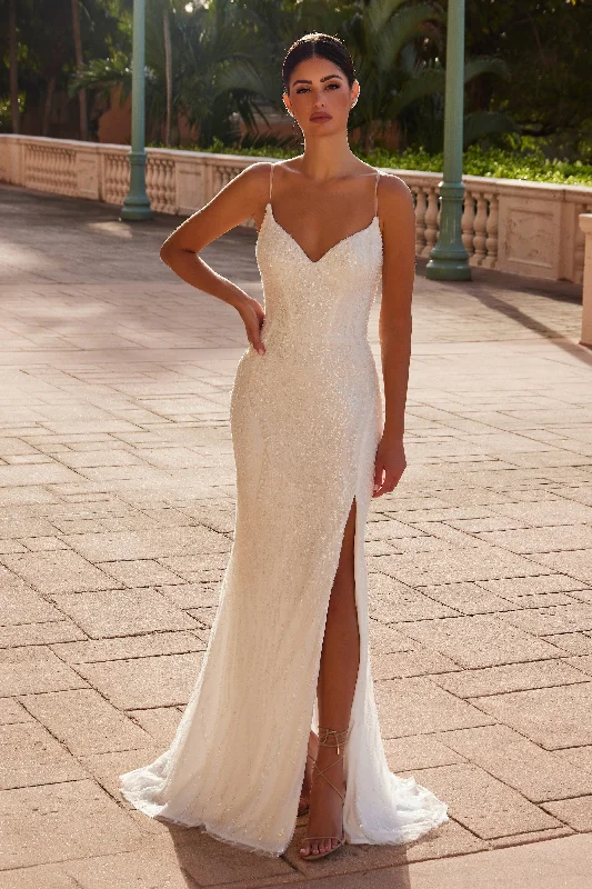 cocktail dresses with chiffon overlays for softness --Beaded V-Neck Slit Bridal Gown by Nox Anabel E1535W