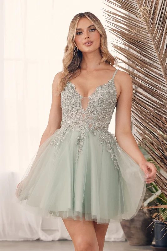 Party dresses for summer weddings -Embroidered Short V-Neck Tulle Dress by Nox Anabel G785