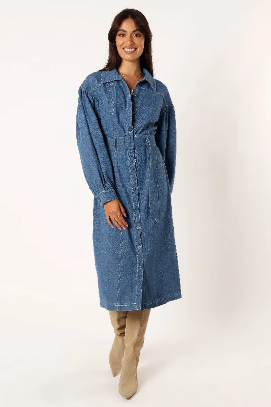 Winter party dresses with fur details -Kocoa Long Sleeve Midi Dress - Denim
