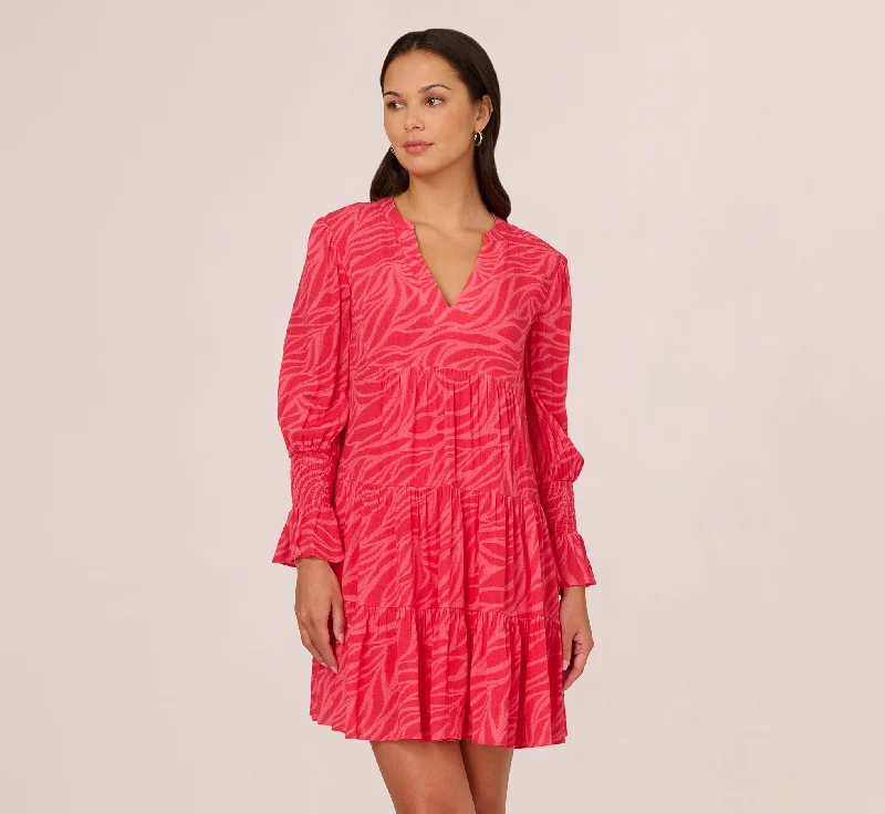 Chic wedding guest dresses for evening ceremonies with a touch of glamour -Leaf Print Tiered Shift Dress With Long Bell Sleeves In Pink Multi Chic wedding guest dresses for evening ceremonies with a touch of glamour -Leaf Print Tiered Shift Dress With Long Bell Sleeves In Pink Multi
