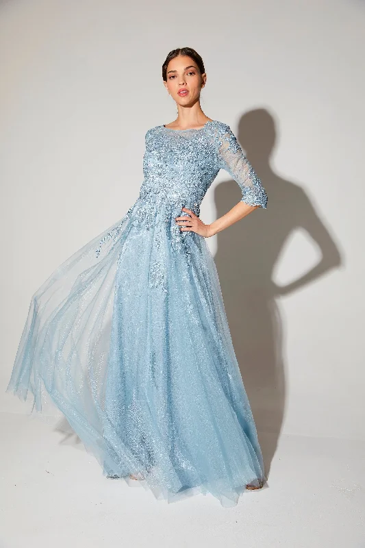 bridesmaid dresses with mesh panels for modern style --Lace Tulle 3/4 Sleeve A-line Gown by Eureka 9660 bridesmaid dresses with mesh panels for modern style --Lace Tulle 3/4 Sleeve A-line Gown by Eureka 9660