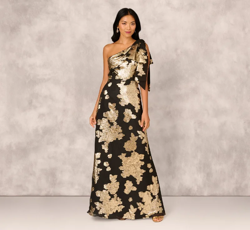 formal dresses for winter with long sleeves and velvet --One Shoulder Jacquard Gown In Black Gold formal dresses for winter with long sleeves and velvet --One Shoulder Jacquard Gown In Black Gold
