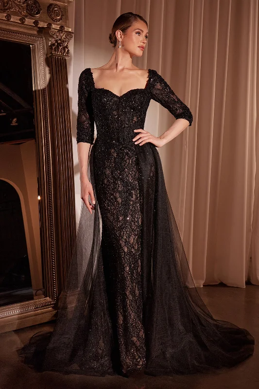 Wedding guest dresses with sleeves for extra coverage -Applique Mid-Sleeve Overskirt Gown by Ladivine CD749 Wedding guest dresses with sleeves for extra coverage -Applique Mid-Sleeve Overskirt Gown by Ladivine CD749