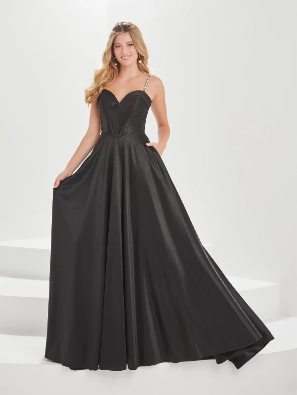 cocktail dresses with mesh necklines for modern appeal --Corset Sheer Back A-line Gown by Tiffany Designs 16014