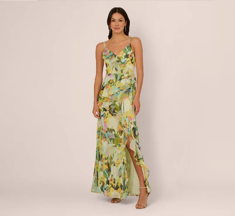 formal dresses for holiday balls with metallic accents --Sleeveless Floral Chiffon Ruffle Cascade Gown In Green Multi formal dresses for holiday balls with metallic accents --Sleeveless Floral Chiffon Ruffle Cascade Gown In Green Multi