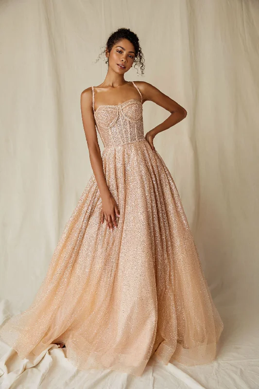 cocktail dresses with open shoulder designs for summer --Glitter Sheer Corset A-line Gown by Eureka 9900
