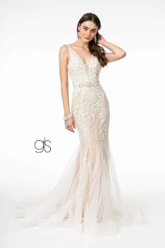 cocktail dresses with mesh necklines for modern appeal --Embroidered Deep V-Neck Trumpet Dress by Elizabeth K GL2985