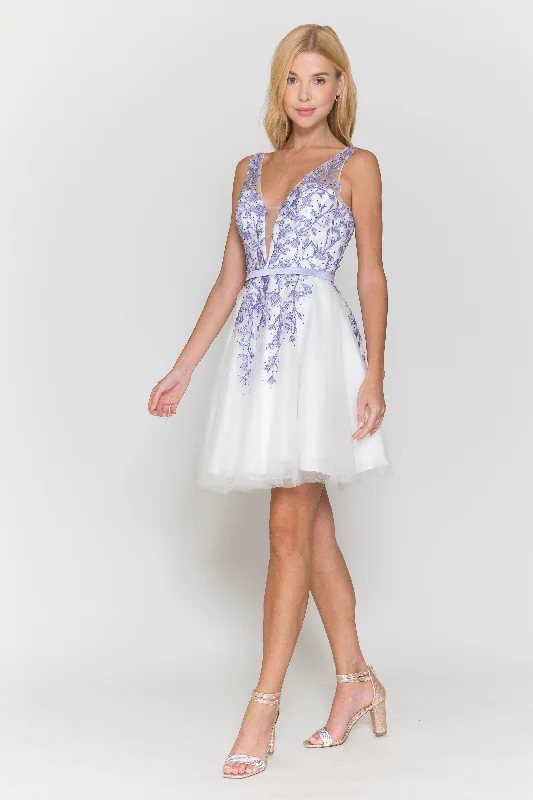 Affordable formal dresses for special occasions -Short Floral Applique Dress by Poly USA 8696 Affordable formal dresses for special occasions -Short Floral Applique Dress by Poly USA 8696