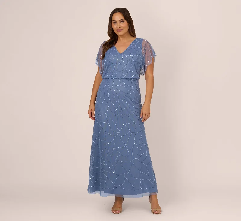 formal dresses for winter galas with fur collars --Plus Size Beaded Blouson Mermaid Gown With Sheer Dolman Sleeves In French Blue formal dresses for winter galas with fur collars --Plus Size Beaded Blouson Mermaid Gown With Sheer Dolman Sleeves In French Blue