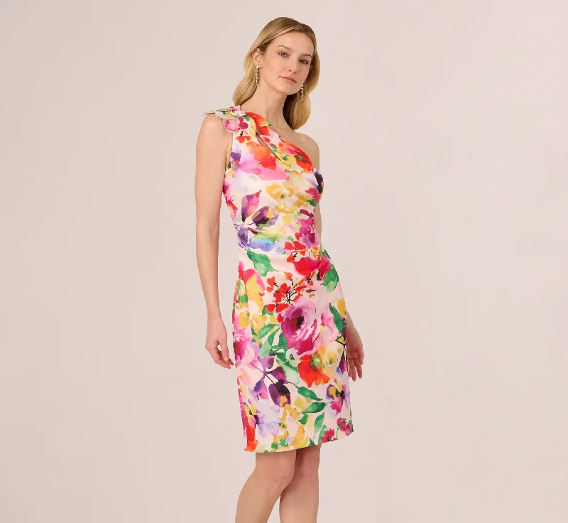 Spring dresses with empire waistlines for a flattering silhouette -One Shoulder Rosette Floral Sheath Dress In Pink Multi Spring dresses with empire waistlines for a flattering silhouette -One Shoulder Rosette Floral Sheath Dress In Pink Multi