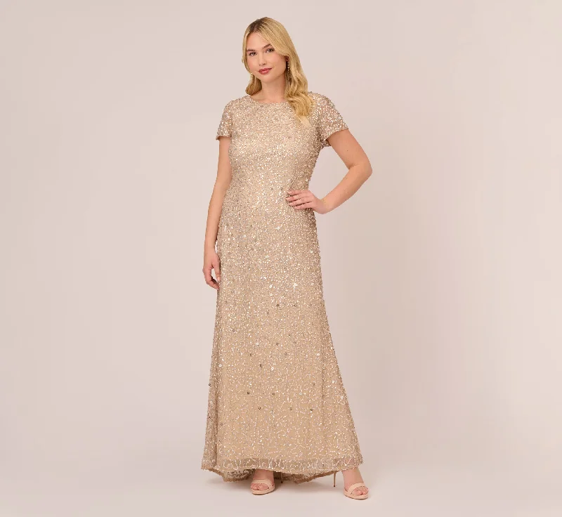 formal dresses for office parties with knee-length cuts --Plus Size Scoop Back Sequin Gown In Champagne formal dresses for office parties with knee-length cuts --Plus Size Scoop Back Sequin Gown In Champagne