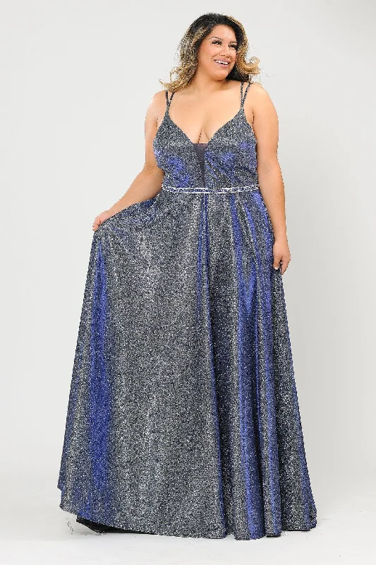Chic wedding guest dresses that are perfect for spring -Plus Size Long V-Neck Metallic Glitter Dress by Poly USA W1048 Chic wedding guest dresses that are perfect for spring -Plus Size Long V-Neck Metallic Glitter Dress by Poly USA W1048