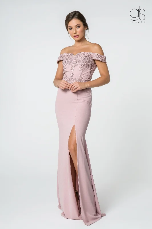 Wedding guest dresses that complement gold jewelry -Embroidered Long Off Shoulder Dress with Slit by Elizabeth K GL2708 Wedding guest dresses that complement gold jewelry -Embroidered Long Off Shoulder Dress with Slit by Elizabeth K GL2708